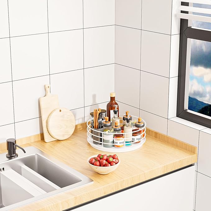 Snack Organizer - Versatile Snack Storage, Lazy Susan with Convenient Grab-and-Go Design, Metal Snack Holder for Home, Office, Breakroom, 10.85" L x 10.85" W x 5" H (White)