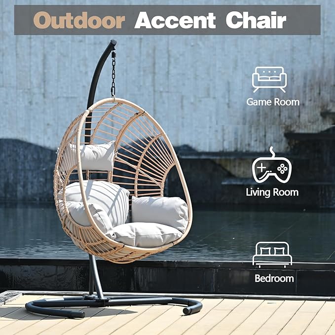 Oversized Hanging Egg Chair Outdoor Wicker Swing Chair with Stand Rain Cover UV Resistant Cushion 400lbs Capacity for Patio, Garden and Balcony