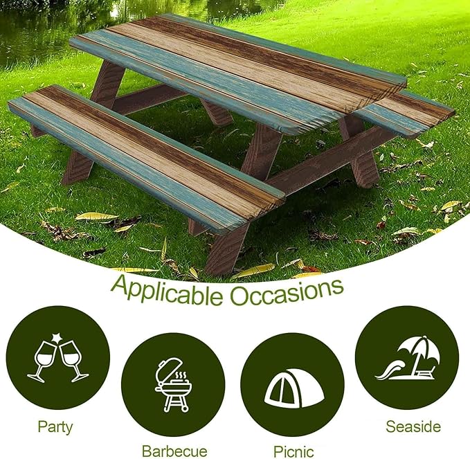 CAPSCEOLL Elastic Picnic Table Cover with Bench Covers 5Ft Waterproof Fitted Picnic Table Cover Cloths for Outdoors Camping Tablecloth with Drawstring Bag, 60X30in, Blue Brown Wood