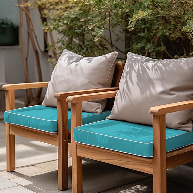 PNP FKJP 2 Pack Outdoor Chair Cushion 20" X 20" X 4", Waterproof Outdoor Seat Cushions with Non-Skid Ties, Aqua Blue (Cushion + Cover)