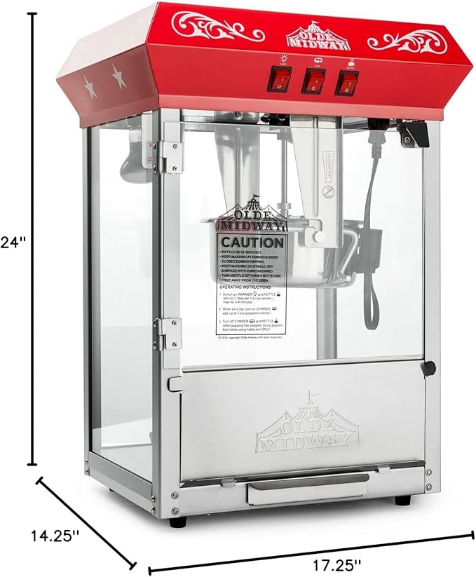 Olde Midway Bar Style Popcorn Machine Maker Popper with 8-Ounce Kettle - Red