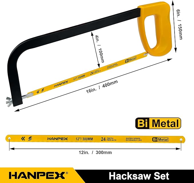 12in. High-Tension Hacksaw Frame with 10pcs Extra Bi-metal Blades, Hand Saw Suitable for Metal, wood, PVC, Carpentry