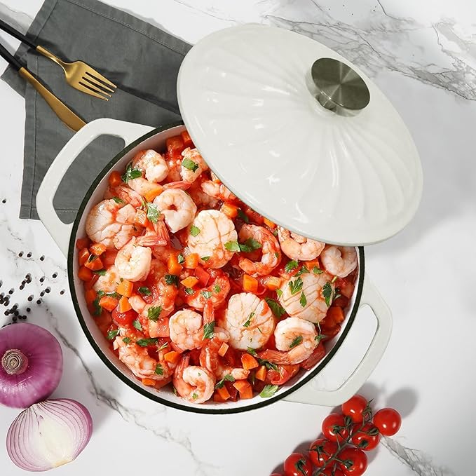 Enameled Cast Iron Dutch Oven with Lid, 6 QT Cast Iron Dutch Oven Pot, Dual Handles for Bread Baking, Cook, Bake, Oven Safe across All Cooktops (White,6 QT)