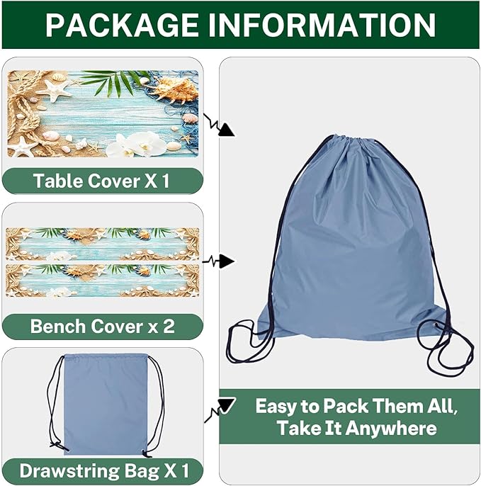 Picnic Table Cover with Bench Covers Elastic Edges, Beach Ocean Fitted Table Cover, Outdoor Patio Camping Essentials 72 Inch 3PCS, Waterproof Camping Fitted Tablecloth with Drawstring Bag