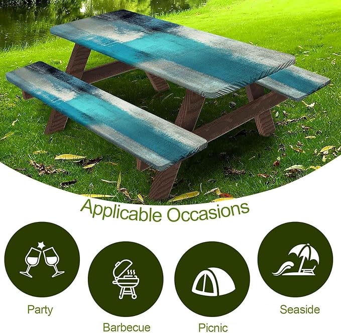 CAPSCEOLL Elastic Picnic Table Cover with Bench Covers 5Ft Waterproof Fitted Picnic Table Cover Cloths for Outdoors Camping Tablecloth with Drawstring Bag, 60X30in, Blue White