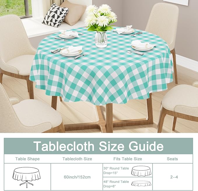 misaya Round Waterproof Vinyl Table Cloth, Buffalo Flannel Backed Tablecloth, Wipeable Plastic Table Cover for Dinner, Kitchen, Picnic (60", Teal and White)