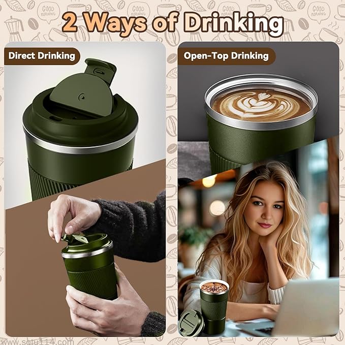 12OZ Travel Coffee Mug Insulated Coffee Cup with Spill Leak Proof Lid, Portable Stainless Steel Tumbler Reusable Hot and Cold Water Mug for Car, Daily, Camping- Military Green