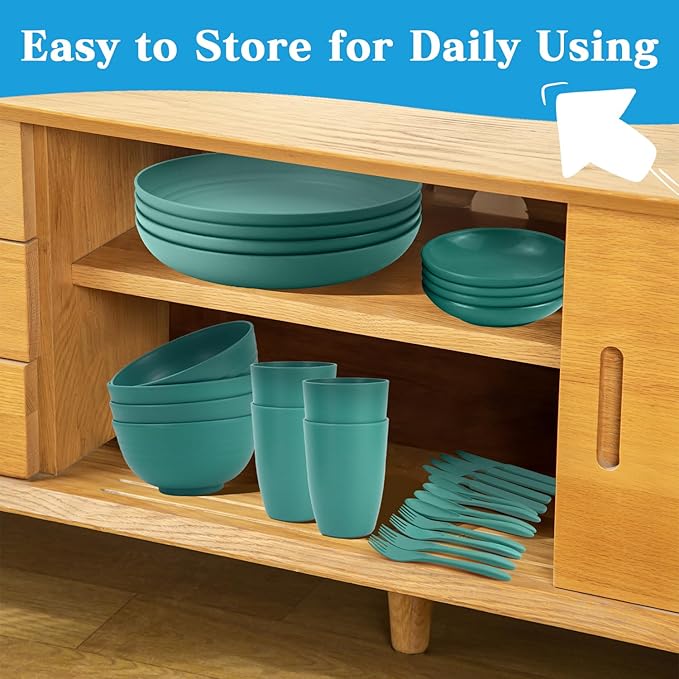 wheat straw bowls,plates,cups and cutlery sets 28 pcs - Dishwasher safe dish sets for kitchen, camping, indoors and outdoors.Green