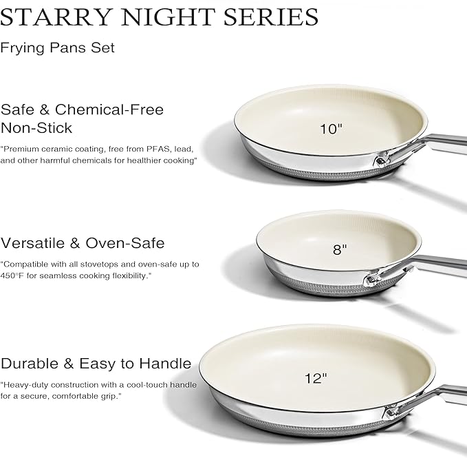 KITEXPERT Non Stick Frying Pans Set, Beige Titanium Ceramic Pan, Nonstick Skillet Stainless Steel, PFAS, PFOA & PTFE Free, Dishwasher & Oven Safe, All Cooktops Compatible, 3 Piece (8", 10", 12")