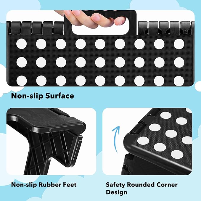 ACKO Folding Step Stool 9 Inch 300 lb Capacity, Plastic Foldable Step Stools for Kids and Adults, Folding Stools Suitable for Kitchen, Stepping Stool with Handle Black 1PC