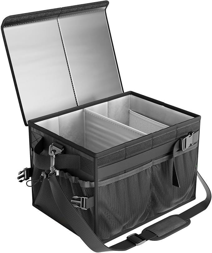 FANGSUN Grill Caddy, BBQ Caddy with Lid & Paper Towel Holder, Picnic Griddle Caddy for Outdoor Camping, Barbecue Accessories Organizer for Utensil Grilling Tool, Must Haves for Camper, Tailgate, RV