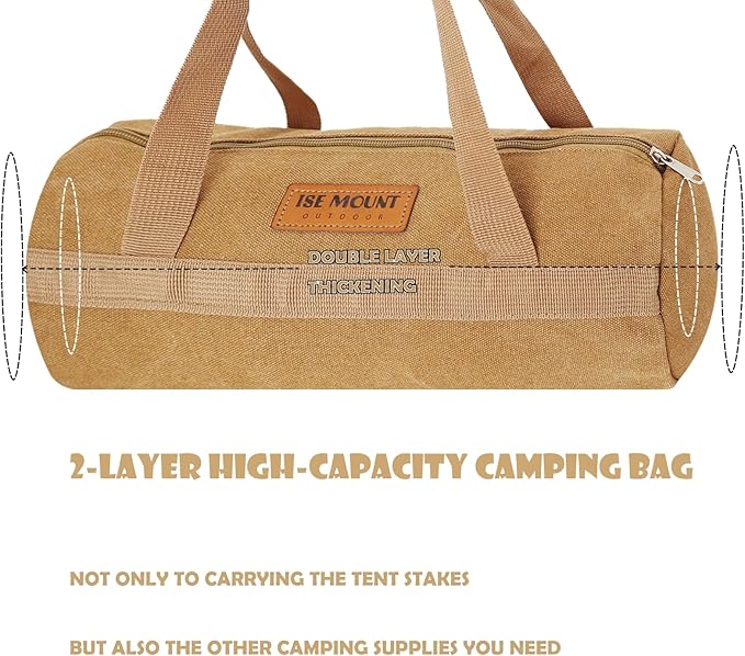 Tent Stakes Bag, Double Layer Tent Pole Pegs Storage Bag, Camping Accessories Large-Capacity Canvas Tool Bag with Zipper for Man Camping, Hiking (35cm Khaki)