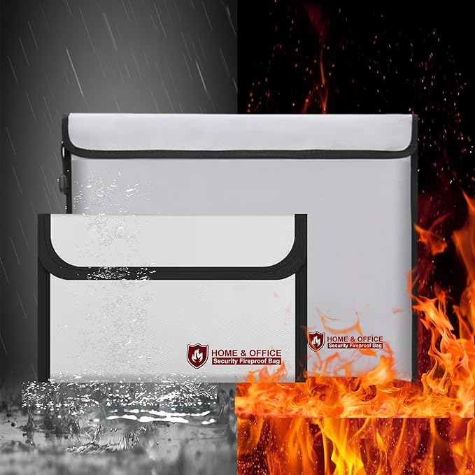 Fireproof Waterproof Document Bag 3000โ - 2 Pack Fireproof Bags for Cash/Documents with Locking Zipper, Waterproof Money Bag & Passport Holder, Important Document Organizer Pouch