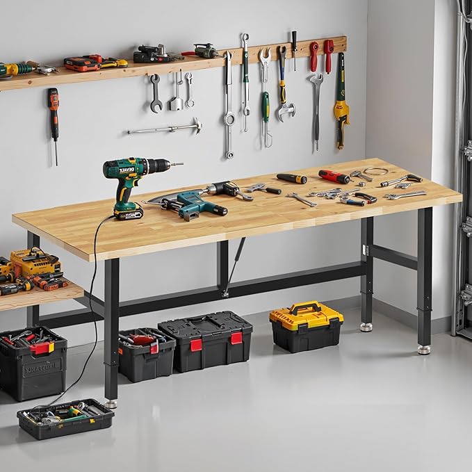 72” Folding Workbench, 3000 LBS Capacity Heavy Duty Workbench, Height Adjustable Foldable Work Table, Rubberwood Collapsible Desk for Workshop, Garage, Office, Home