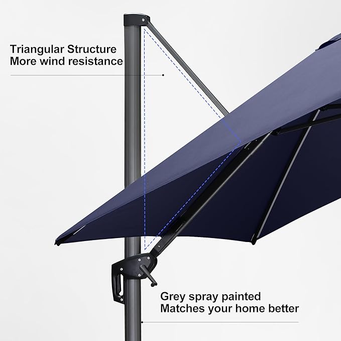 PURPLE LEAF 10 Feet Patio Umbrella with Base Outdoor Cantilever Solar Powered LED Square Umbrella Aluminum Offset Umbrella with 360-degree Rotation for Garden Deck Pool Patio Navy