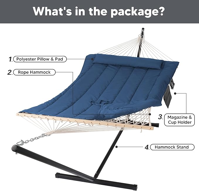 SUNCREAT Double Portable Rope Hammock with Stand Included, Outdoor Two Person Hammock with Polyester Pad, Navy