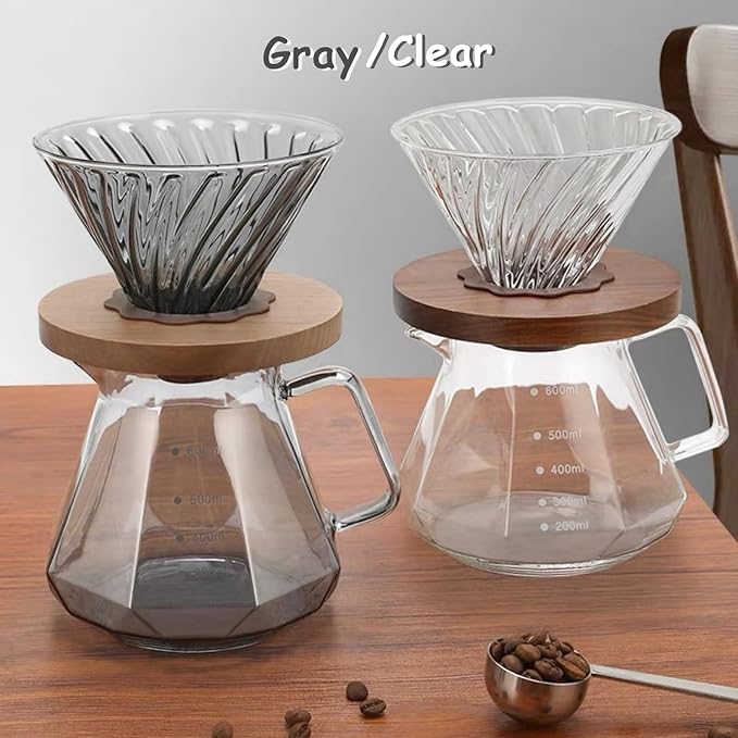 Pour Over Coffee Maker Set 20 oz, 600 ml Borosilicate Glass Coffee Server with Glass Lid, 50 pcs Paper Filter, Walnut Handle Pour Over Coffee Dripper for Home Café Restaurant,Gray