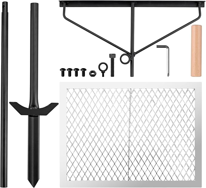 Swivel Campfire Grill Grate, Height 35", 360° Adjustable Heavy Duty Steel Campfire Grill with Insulated Wooden Handle, Portable Fire Pit Cooking Grate, for Camping Outdoor BBQ Cooking Open Fire