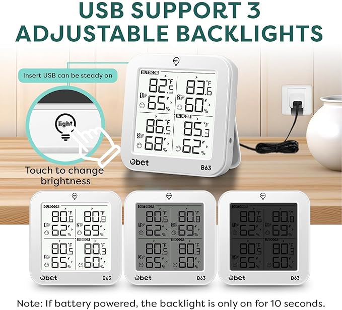 OBET Indoor Outdoor Thermometer Wireless with 3 Sensors Weather Station Temperature Humidity Monitor 500ft Range and Adjustable Backlight and Min Max Data White