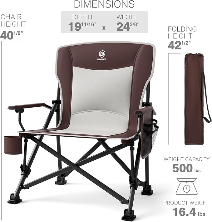 EVER ADVANCED Oversized Folding Camping Chair for Adults, Heavy Duty Lawn Chair with Side Pockets, Portable Collapsible Quad Chair for Outside, Support Up to 500lbs