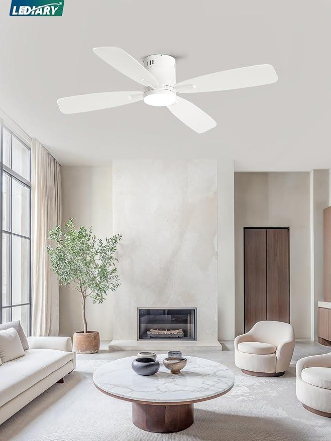 LEDIARY 52 inch Ceiling Fans with Lights and Remote Control,Flush Mount Ceiling Fan with Quiet Reversible DC Motor,White Modern Low Profile Ceiling Fan with Light for Bedroom Living Room Patio