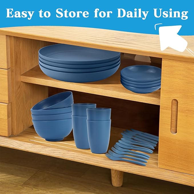 Wheat straw plates and bowls sets with cutlery - Unbreakable wheat straw dinnerware sets - Dishwasher safe plates,bowls,cups for apartment.Blue