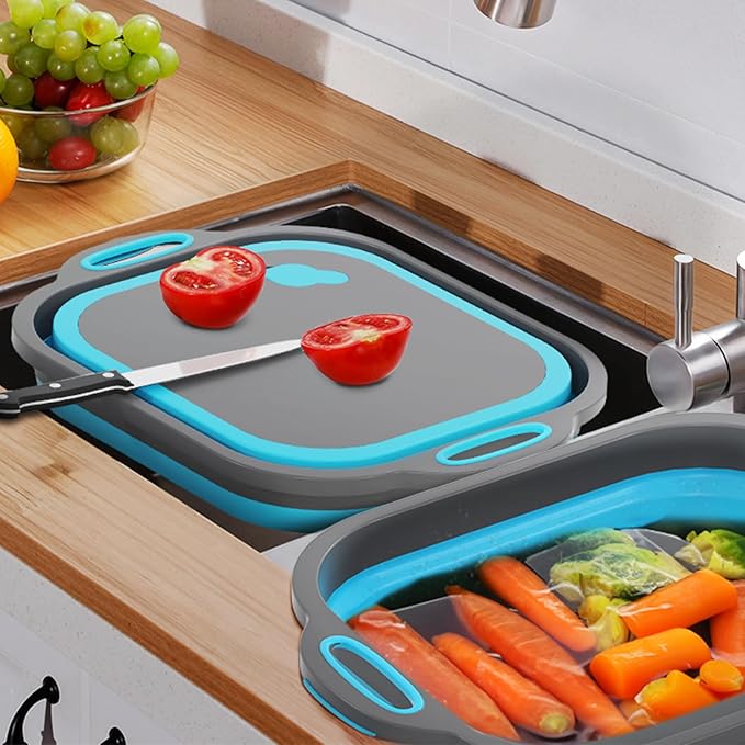 Collapsible Cutting Board,HI NINGER Camping cutting board with knife,Multifunctional Kitchen Vegetable Washing Basket Silicone Dish Tub for Camping Kitchen essentials/bbq prep tub/rv accessories