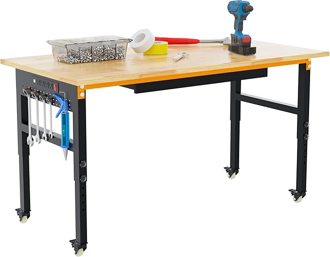 60" Adjustable Workbench on Wheels, 2000 LBS Heavy Duty Work Table with Power Outlets & Pegboard, Rubber Wood Workstation for Garage, Workshop, Office, Home, Commercial