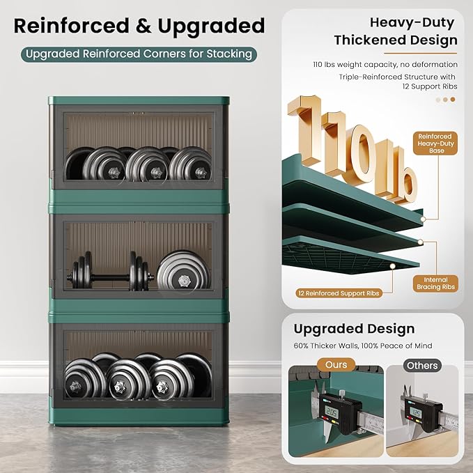 8.4Gal Collapsible Storage Bins with Lids & Wheels - 1 Pack Stackable with Doors, Heavy-Duty Plastic Containers for Home/Office, Green