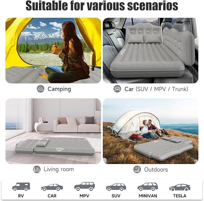 Car Air Mattress, Inflatable SUV Truck Car Camping Mattress for Back Seat, Thickened Travel Car Bed Sleeping Pad with Car Air Pump 2 Pillows (Grey)