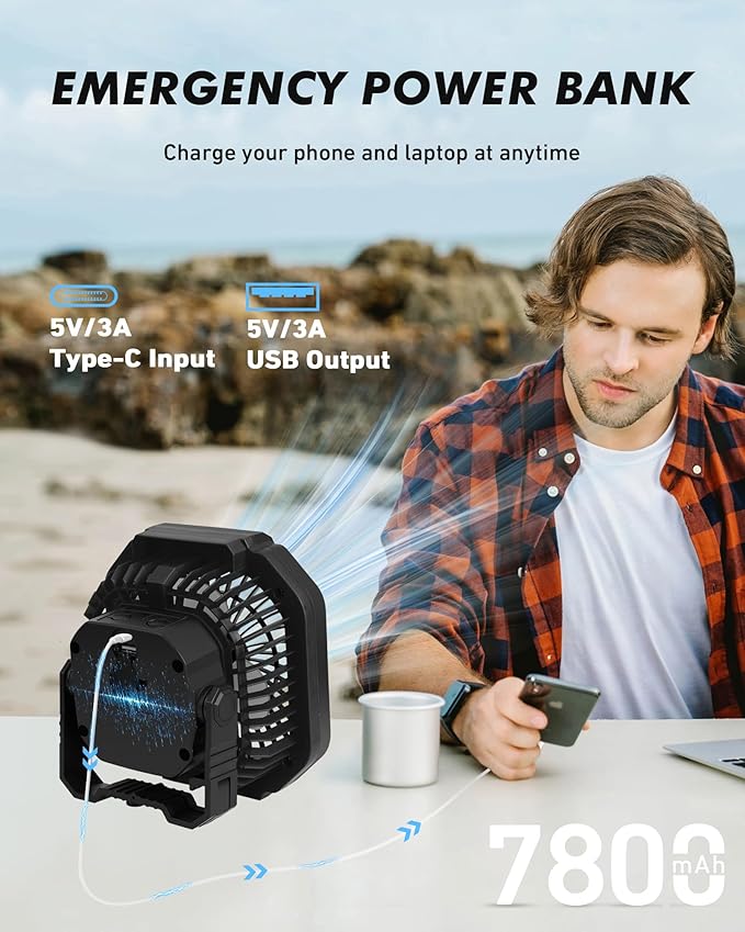 Rechargeable Camping Tent Fan with LED Lantern, 7800mAh Battery Operated Fan with Hang Hook & Remote, Portable Ceiling Tent Fans with Remote for RV Emergency Car Office Hurricane