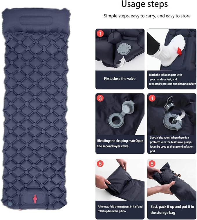 Sleeping Pad for Camping- Ultralight Inflatable Sleeping Mat with Built-in Foot Pump & Pillow, Upgraded Compact Camping Air Mattress for Camping, Backpacking, Hiking (Dark Blue)