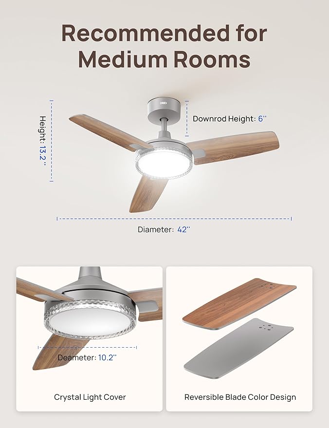 Dreo Smart Ceiling Fans with Lights, 42 Inch Grey Ceiling Fan, 12 Speeds & 3 Fan Modes, Stepless Color Tones, Dimmable LED Light, 1-12H Timer, Quiet DC Motor, Remote/APP/Alexa/Wall Switch Control