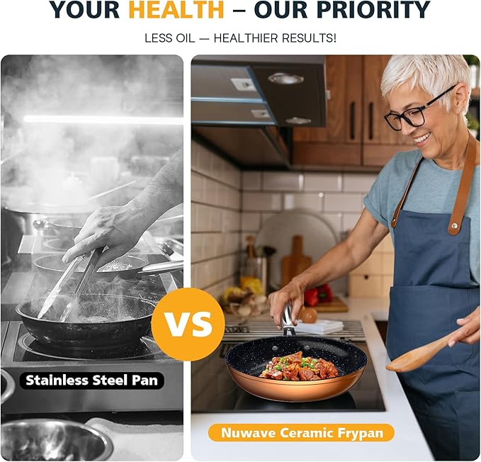 Nuwave 3-Piece 8”, 10”, 12” Forged Lightweight Frying Pan Set, G10 Healthy Duralon Blue Ceramic Ultra Non-Stick, Ergonomic Stay-Cool Handles, Induction-Ready & Works on All Cooktops