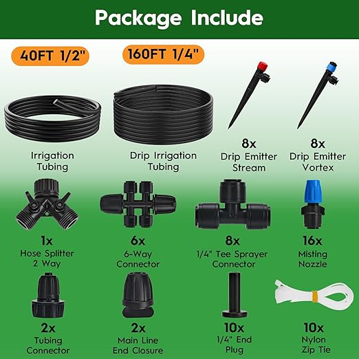 200 FT Quick-Connect Drip Irrigation System Kit, Automatic Garden Watering Misting System for Greenhouse, Lawn, Flower Bed with Irrigation Tubing, Hose Splitter 2 Way, Adjustable Drip Emitters