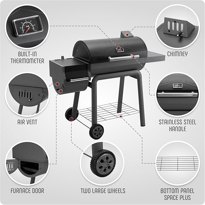 30'' Outdoor Charcoal Grills with Cover, BBQ Grill with Offset Smoker and Side Table, 832 Sq. In. Heavy-Duty for Outdoor Backyard, Patio and Parties, Black