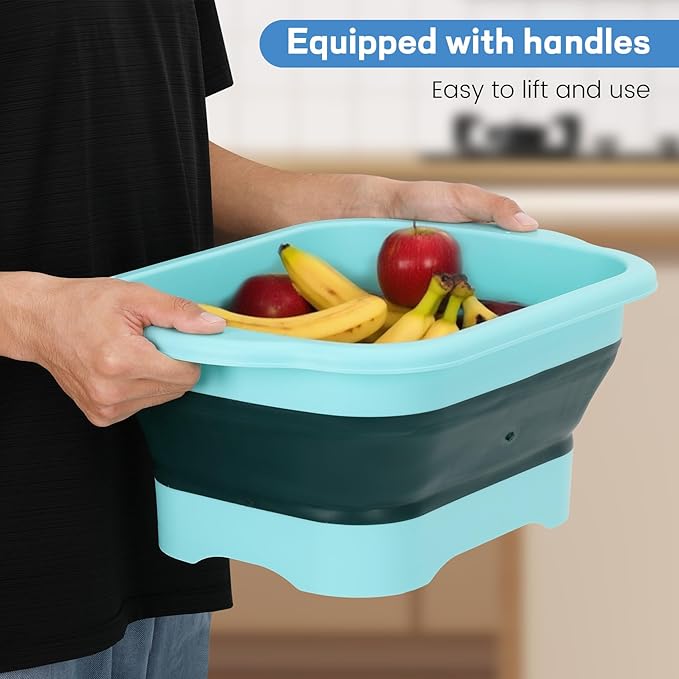 11 Liters (2.91 Gallons) Collapsible Dish Basin with Drain Plug,Outdoor Multi-Purpose Camping Sink for Cleaning Vegetables and as an Ice Bucket, Suitable for Kitchens, Camping and RVs (Green)