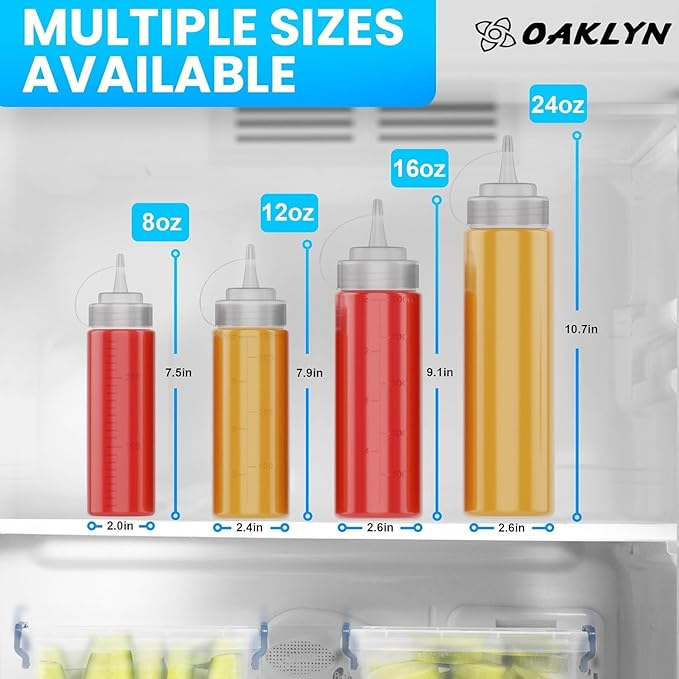 Oaklyn Reusable Squeeze Bottles 16oz 6 Pack - Leak Proof, BPA-Free Plastic Bottles for Sauces & Liquids, Easy to Clean