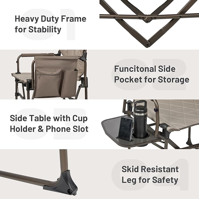 TIMBER RIDGE Aluminum Camping Directors Chair with Side Table Pocket, Portable Folding Chair, Heavy Duty Lawn Chair for Fishing Trip Picnic Concert Outdoor 400lbs, Tan 2 Pack
