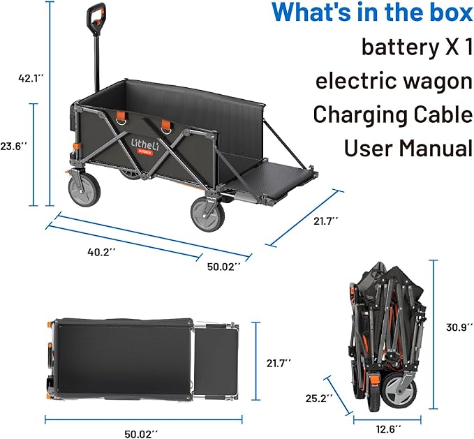 Litheli Electric Utility Wagon Cart, 200L Capacity, 300 lbs Load, Foldable Heavy-Duty Design with All-Terrain Wheels, Variable Speed Drive & Battery Power for Camping, Beach, Garden & Shopping