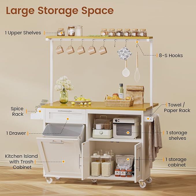 Itaar Rolling Kitchen Island Table on Wheels with Drop Leaf, 40" Mobile Kitchen Carts with Trash can Storage, Storage Cabinet, Drawer, Spice/Towel Rack, White