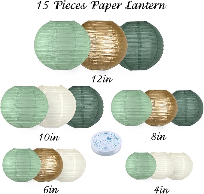 Paper Lanterns Decorative, Round Paper Lanterns Decorations Sage Green/Forest Green/Gold/White for Rustic Party Birthday Party Bachelorette Engagement Wedding Baby Shower 15pcs