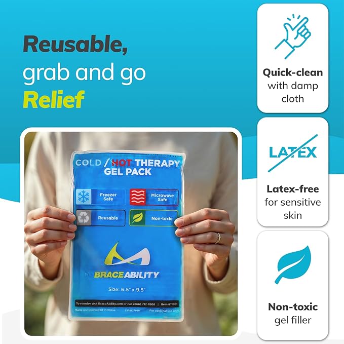 BraceAbility Medical Gel Hot Cold Pack - Reusable Soft Flexible Ice Pack for Hip, Shoulder, Knee, Back - Comfort Cold Compress for Injuries, Swelling, Bruises, Surgery, Kids, Adults (6.5" x 9.5")