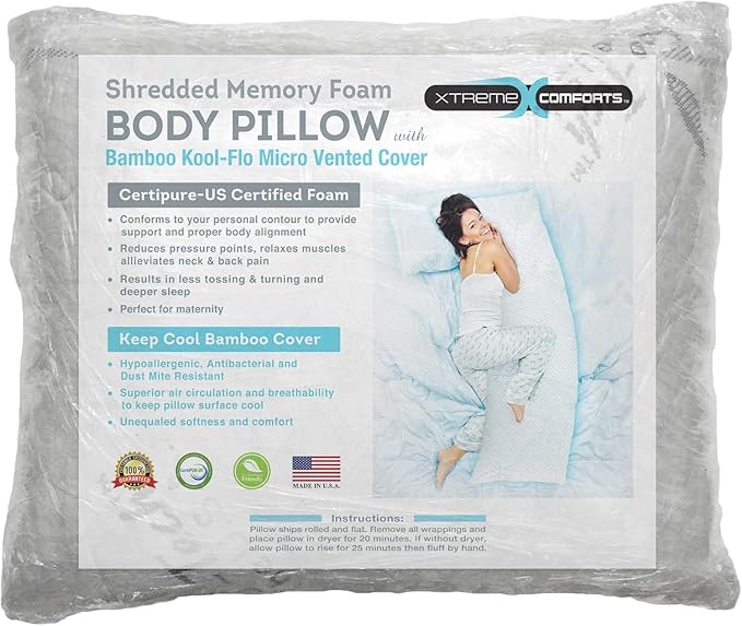 Xtreme Comforts Memory Foam Body Pillow for Side, Back & Stomach Sleepers - Allergy-Friendly Pillows for Sleeping with Shredded Memory Foam (Body Pillow)
