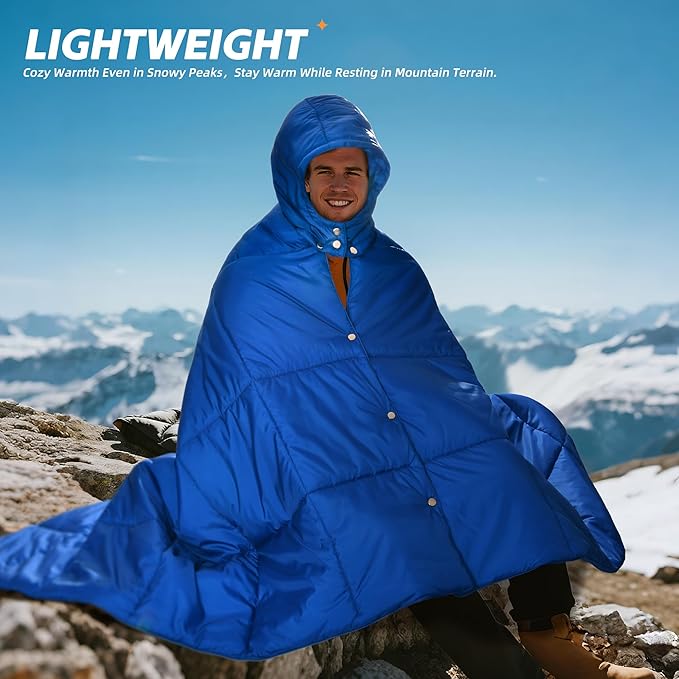 Puffy Camping Blanket with Detachable Hooded Snap-Poncho Waterproof Double-Sided Printed Reversible for Travel, Hike Cold Weather, Navy