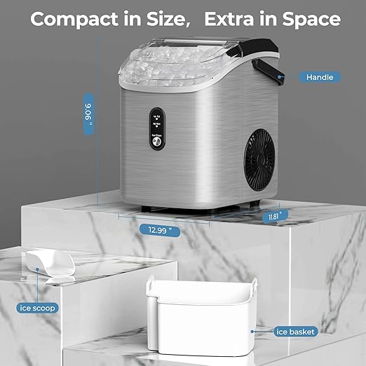 Nugget Ice Maker Countertop, 35.5Lbs/24Hrs Chewable Sonic Ice Machine with Self-Cleaning, Handle, Water Tank, Quiet Operation & Portable Pellet Ice Maker for Home, Office, Kitchen, Bar, Silver