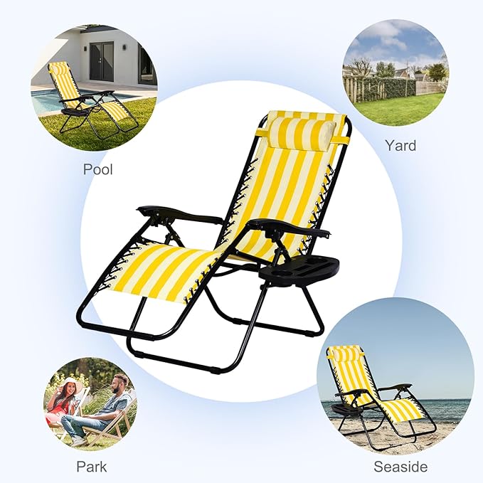 Nazhura Set of 2 Relaxing Recliners Patio Chairs Adjustable Steel Mesh Zero Gravity Lounge Chair Beach Chairs with Pillow and Cup Holder (Yellow Stripe)