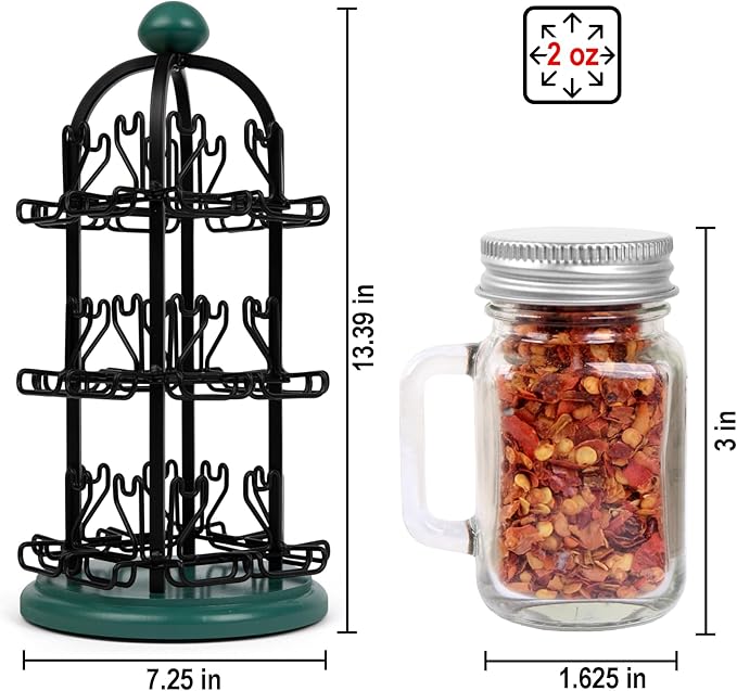 Orii Adrinova 24 Jar Revolving Spice Rack with Spices Included, Spice Organizer for Kitchen Countertop, Black & Green