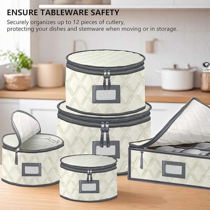 VERONLY 5 Pack China Storage Containers Set (Beige) - Sturdy Quilted Wine Glass & Dish Storage with Dividers - Compact Size