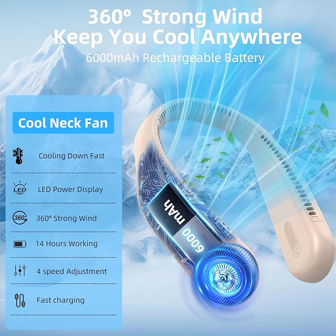 Portable Neck Fan,Gift Ideas,Personal Wearable Bladeless Fan,360° Cooling,LED Display,4-Speeds,6000mAh Rechargeable,Powerful Wind,Outdoor Travel Camping,Birthday Gifts for Men Women Dad Mom (Brown)